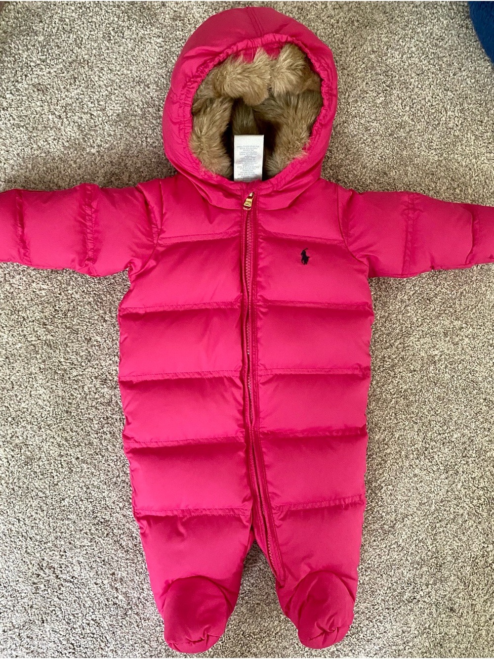 Ralph Lauren Hot Pink Quilted Baby Snowsuit with Faux Fur Hood
